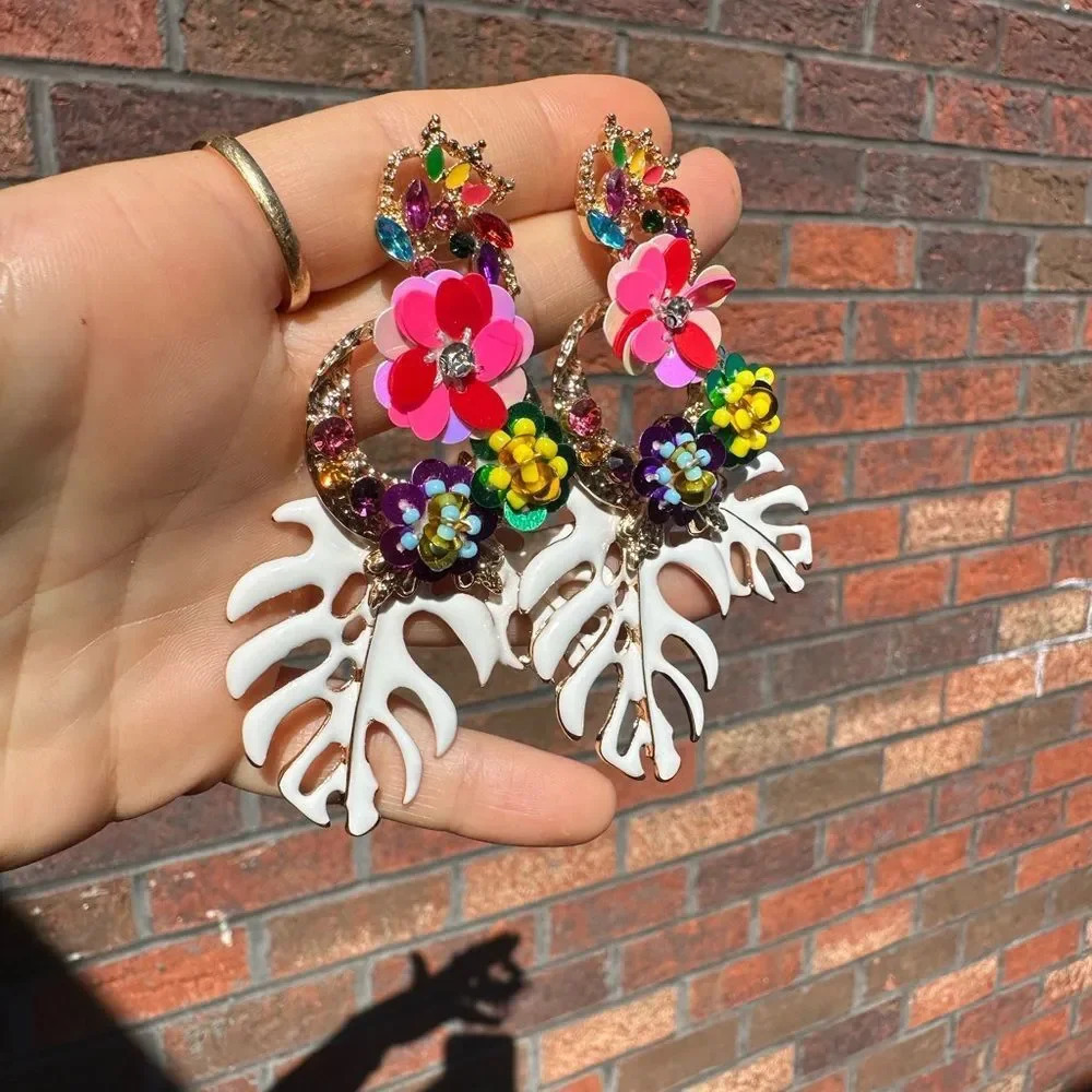 Zara Monstera Leaf Tropical Statement Drop Earrings - Picture 5 of 10